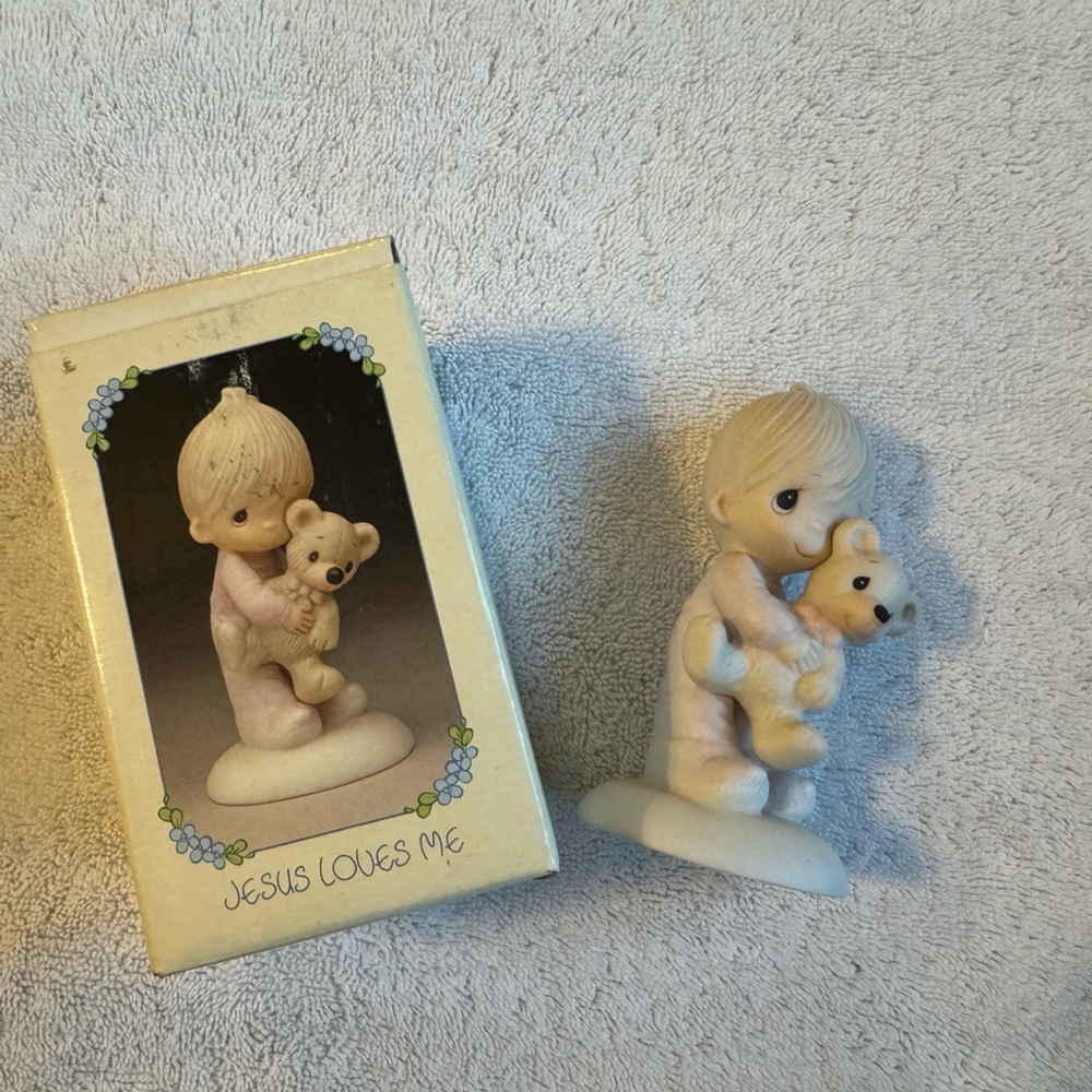 Enesco Figurine Pink and Cream "Jesus Loves Me" Boy with Teddy